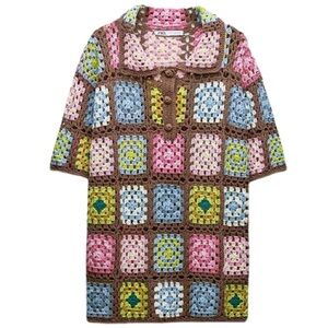 Brand New w Tags! ZARA Multicolored Crochet Knit Polo Sweater Size L